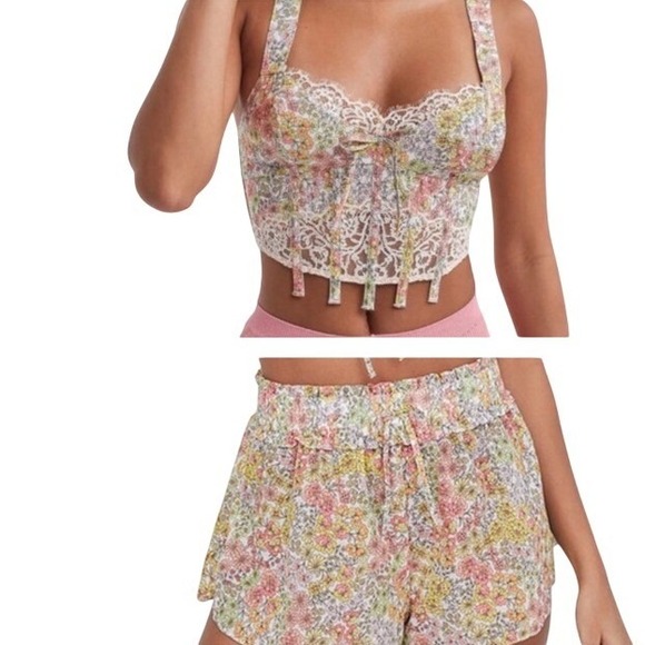 For Love & Lemons Other - For Love & Lemons Esme Cotton SET Floral Print Halter Crop Top Shorts Set